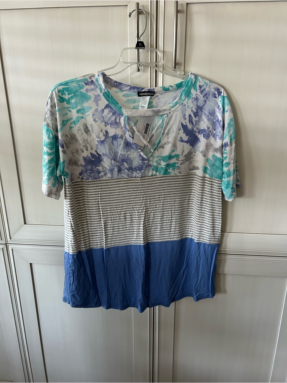 HEIMISH USA Aqua, Lavender & Blue Floral Stripe Short Sleeve Top